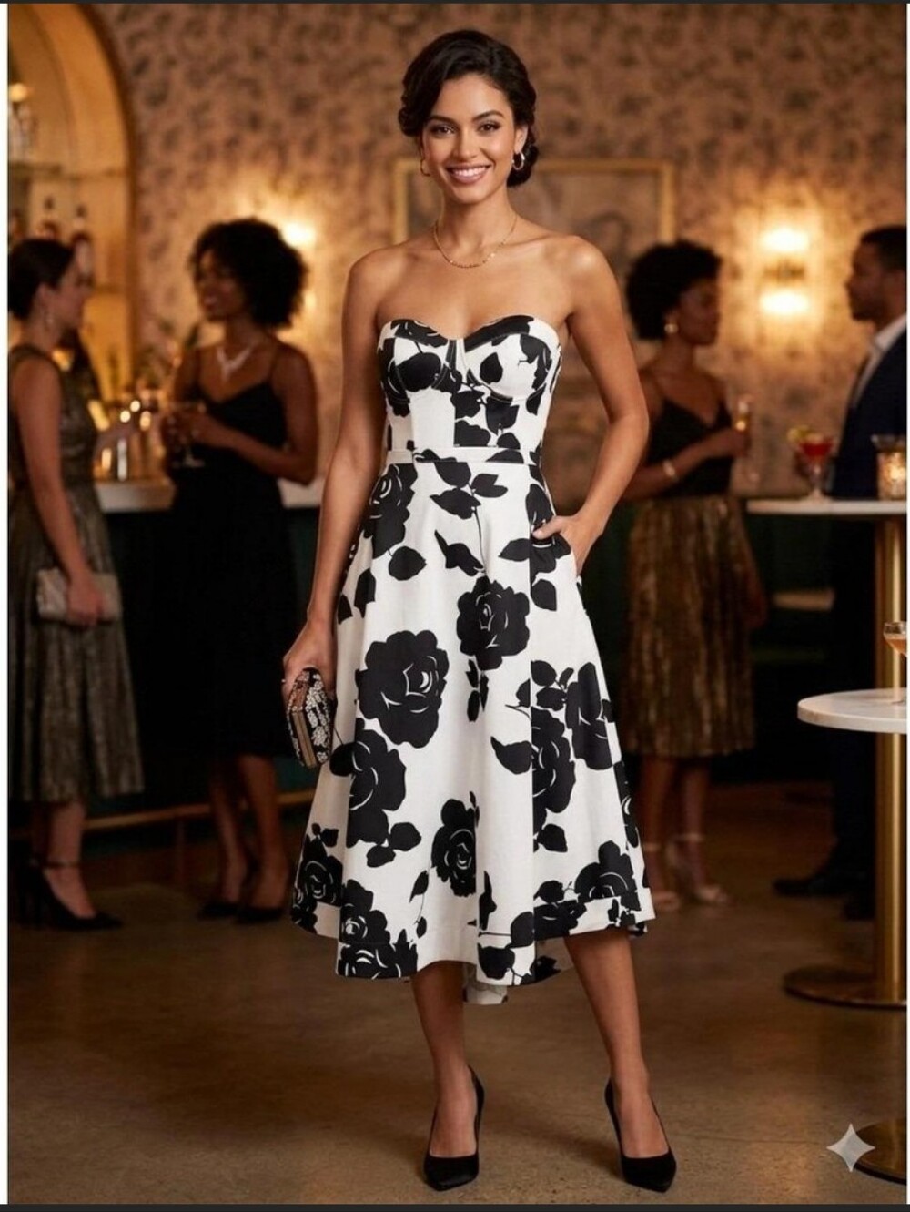 Size 4 Amsale Black and White Rose-Print Strapless Midi Dress